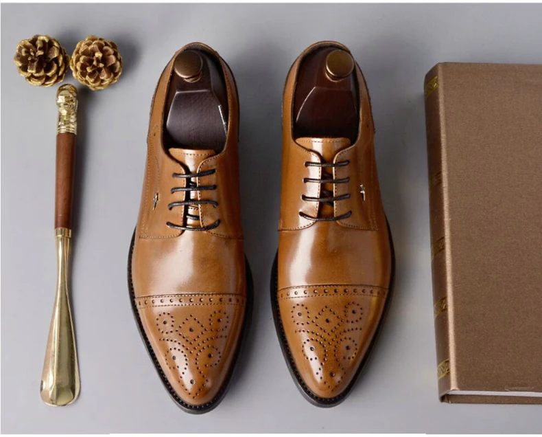 Mens Leather Casual Shoes' Genuine Leather Shoes Men Formal Casual Oxfords Wedding Shoe Lace-Up Casual Shoes Men Size 46 Brogues (5)