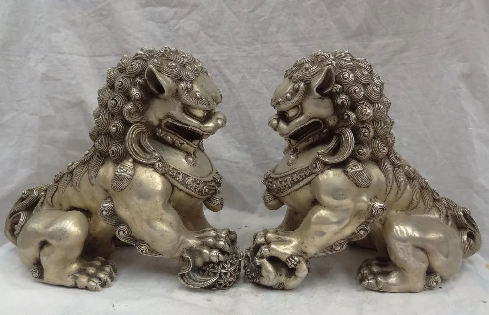 

11" Folk Chinese Silver FengShui Protect Door Foo Fu Dog Lion Ball Statue Pair