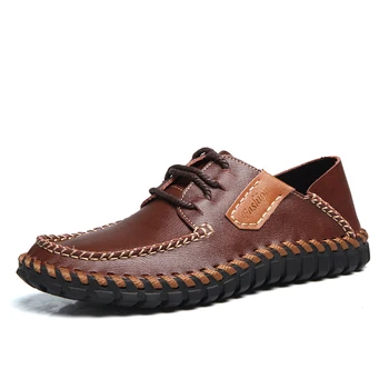 

Nice New Original Popular Handmade Genuine Leather Men Loafers High Quality Super Soft Cowhide Lace Up Casual Flats Shoes