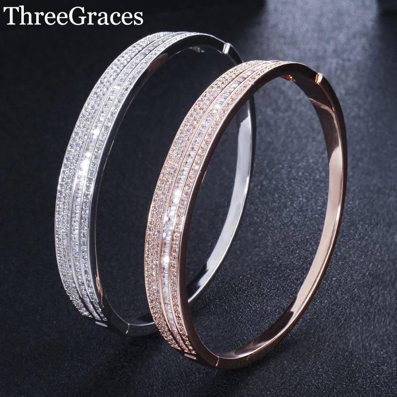 

Threegraces Top Quality CZ Stone Bracelets Silver and Rose Gold Color Round Elegant Bangle for Women Wedding Party Jewelry BA020