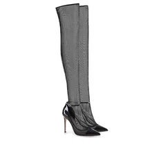 Сетчатые Кожаные Сапоги выше колена; черные сапоги из лакированной кожи на высоком каблуке; пикантные сапоги с острым носком; женская обувь; zapatos de mujer
