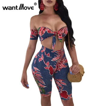 

Wantmove 2018 Summer Fashion New Two-piece Strap Strapless Strap Top Slim Shorts Sexy Print Beach Resort Two-piece WM377