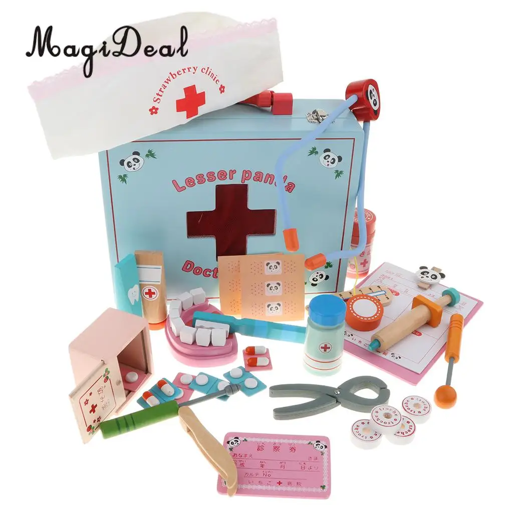 30PCS Wooden Medical Kits Box Tools Tablets Carry Case Doctor Nurse Pretend Role Playing Set Kids Educational Toy