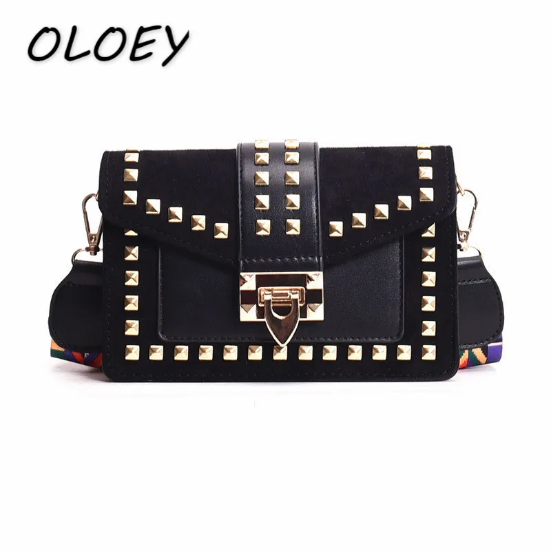 

2019 New Wide Shoulder Strap Small Square Bag Fashion Rivet Crossbody Bag Female Bags Messenger Bag Women for Women!