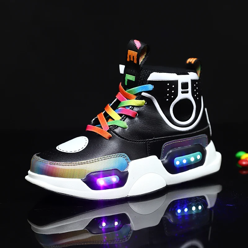 

Led Children Shoes Black New USB Charging Basket Shoes With Light Up Kids Casual Boys&Girls Sneakers Genuine Leather Shoes soft