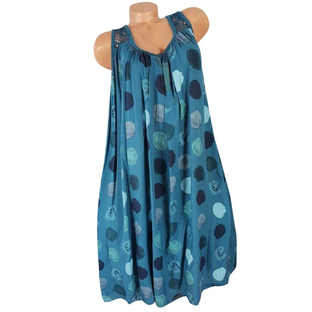 JAYCOSIN Women's Clothing O-Neck Sleeveless Loose Dress Ladies Boho Casual Dot Printed Lace Tank Summer Beach Plus Size Dress