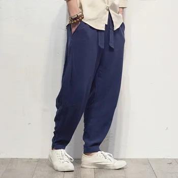 

Summer Men's Elastic Linen Trousers National Style Breathable Cotton Pants Male Casual Haren Pants Long Trousers