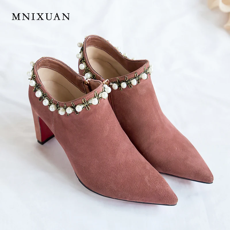 

MNIXUAN Handmade elegant solid women shoes ankle boots 2018 winte new pointed toe suede pearls square high heels work shoes pink