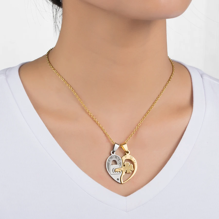 HOBBORN Romantic Couple Pendants & Necklaces 316L Stainless Steel Keys and Locks Heart Splice Lover Necklace Charm Jewelry Gift