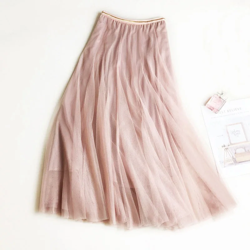 

FYYIYI Elastic Waist Long Slim Mesh Skirt Office Lady 2019 Summer Sweet Solid Skirts Temperament Women Patchwork Ball Gown Skirt