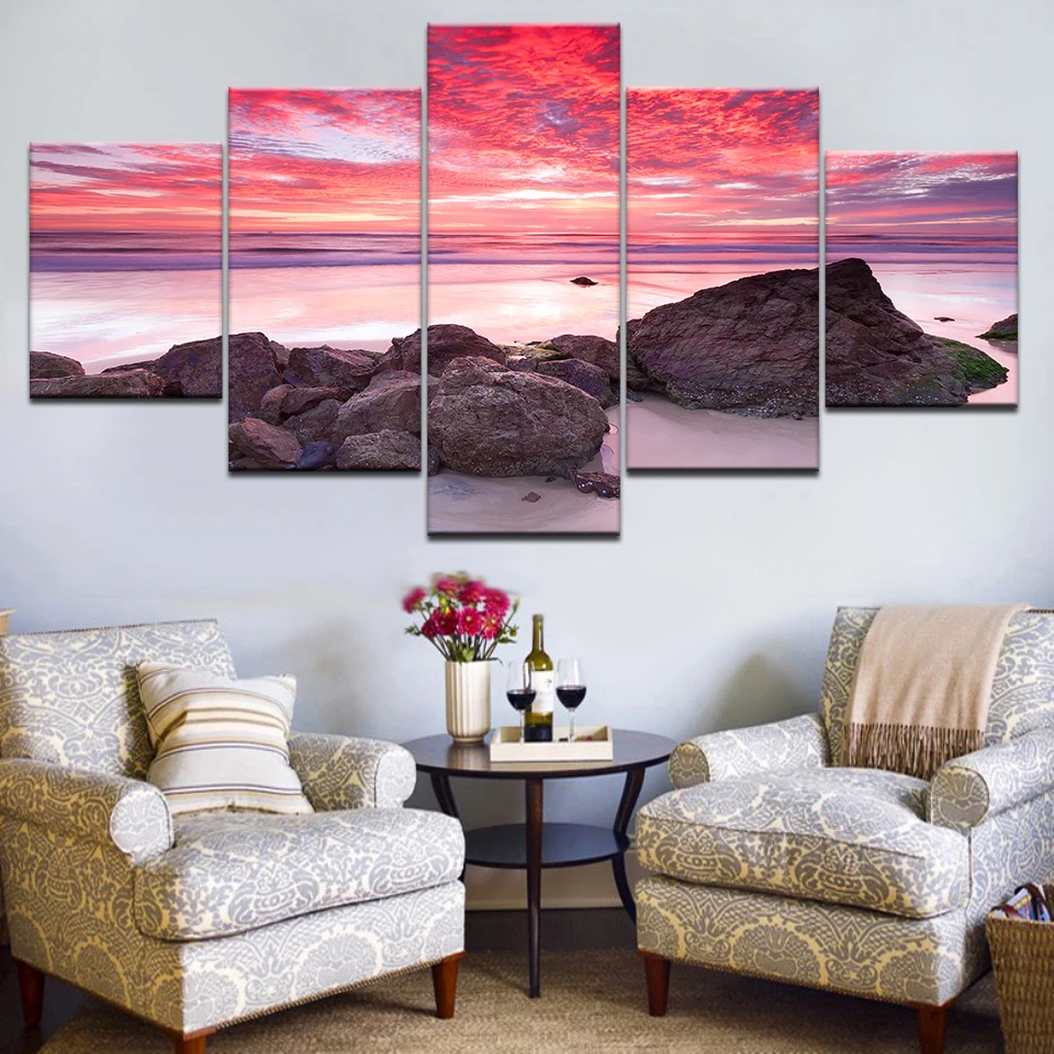 5pcs HD Printing Canvas Painting Beach Sunset Seaside Art Group Home Decor Wall Poster Modular Photos | Дом и сад