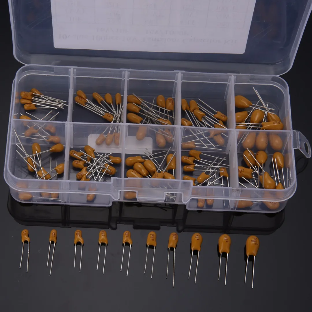 100pcs Capacitors High Precision 16V 10 Value Tantalum Capacitor Assorted Kit Box Assorstment