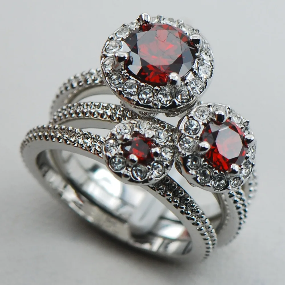 

Garnet 925 Sterling Silver Top Quality Fancy Jewelry Engagement Wedding Three Ring Size 6 7 8 9 10 F1120