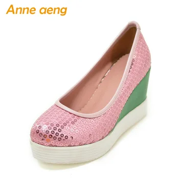 

Spring/Autumn Women Pumps High Wedge Heels Shoes Platform Round Toe Bling Very Light TPU Outsole Fashion Women Shoes Pink Pumps