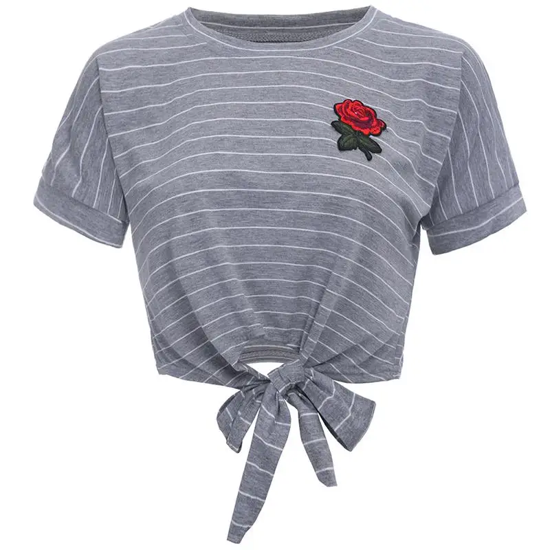 2018 Для женщин летние шорты, blusas цветочный Вышивка укороченный Топы корректирующие пикантные футболка Femme Повседневная футболка ws6595c
