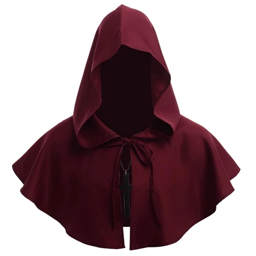Vintage Medieval Costume Men Women Hooded Renaissance Wicca Pagan Capelet LARP Mantle Cowl Hat Fancy Dress Cosplay Accessory Red