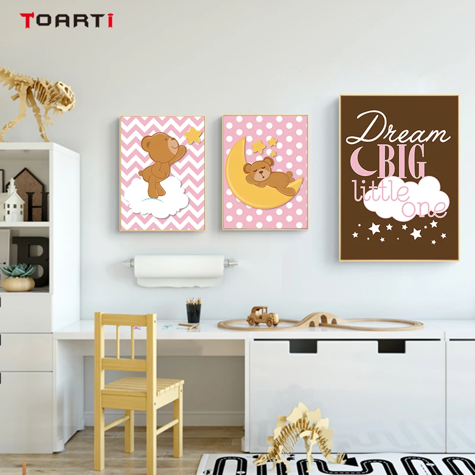 

Nordic Cute Animal Bear Star Moon Cloud Dream Big Quotes Cartoon Canvas Painting Nursery Wall Art Picture Children Room Decor