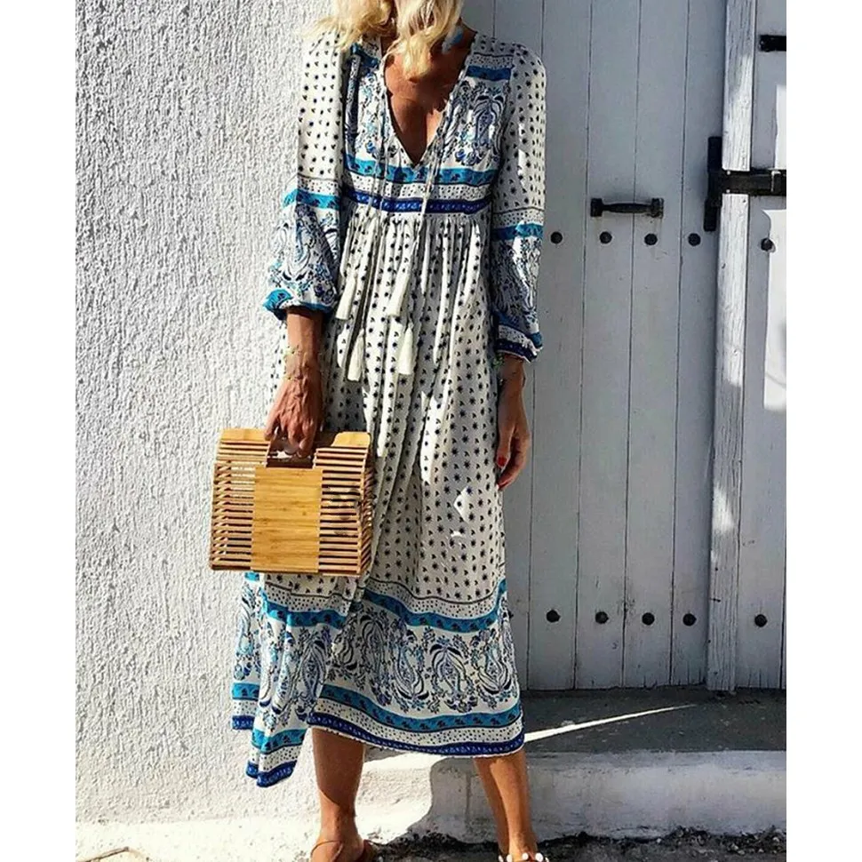

2019 Summer Sexy V Neck Long Sleeve Print Dress Women Boho Long Maxi Dress Casual Pleated Beach Plus Size Dress