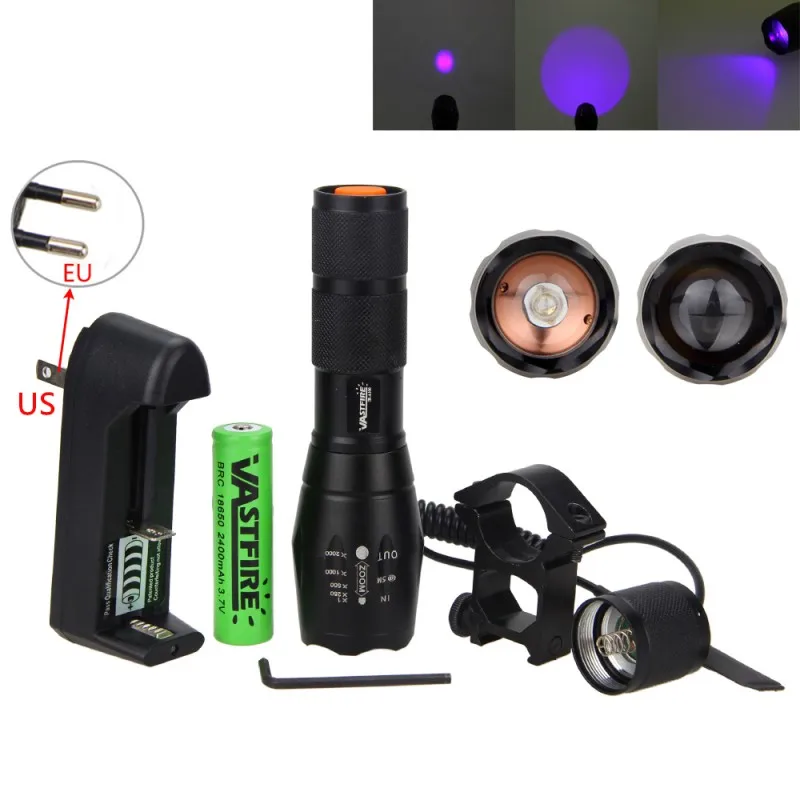 Фиолетовый 395nm УФ-фонарик Регулируемый фокус светодиодный Blacklight Факел + пульт Давление выключатель + Батарея + Зарядное устройство