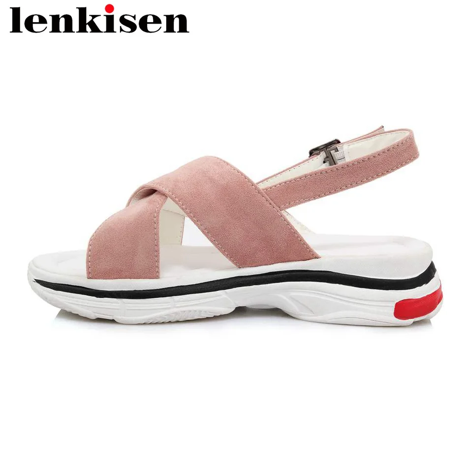 

Lenkisen solid Korean girl buckle strap mesh pu peep toe med bottom large size sweet leisure slingback women soft sandals L0f9