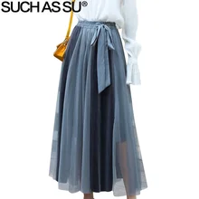 Such as su весна лето вуаль лоскутное женские плиссированные юбки черный серый абрикосовый Высокая талия сетчатая юбка женская юбка средней длины