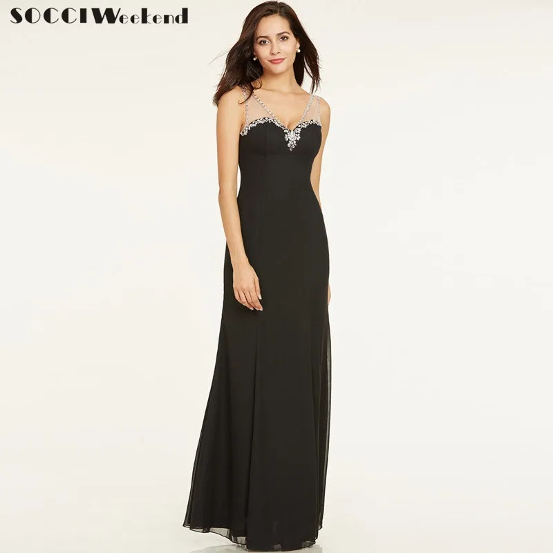 

SOCCI Weekend Simple Evening Dresses New Black V Neck Sleeveless Floor Length A Line Gowns Cheap Women Chiffon Long Formal Dress