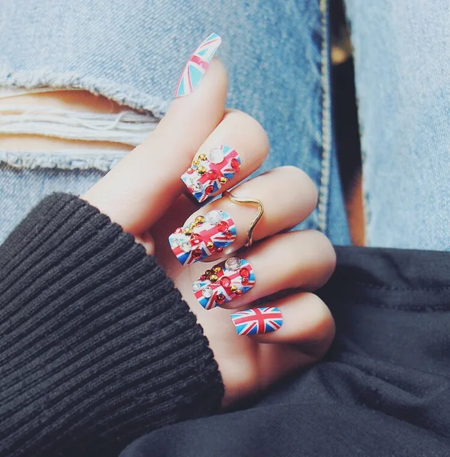 24pcs 3D Fake Nails Acrylic Faux Ongles Union Jack Rhinestone Glitters Lady Decoration Full Nails Tips