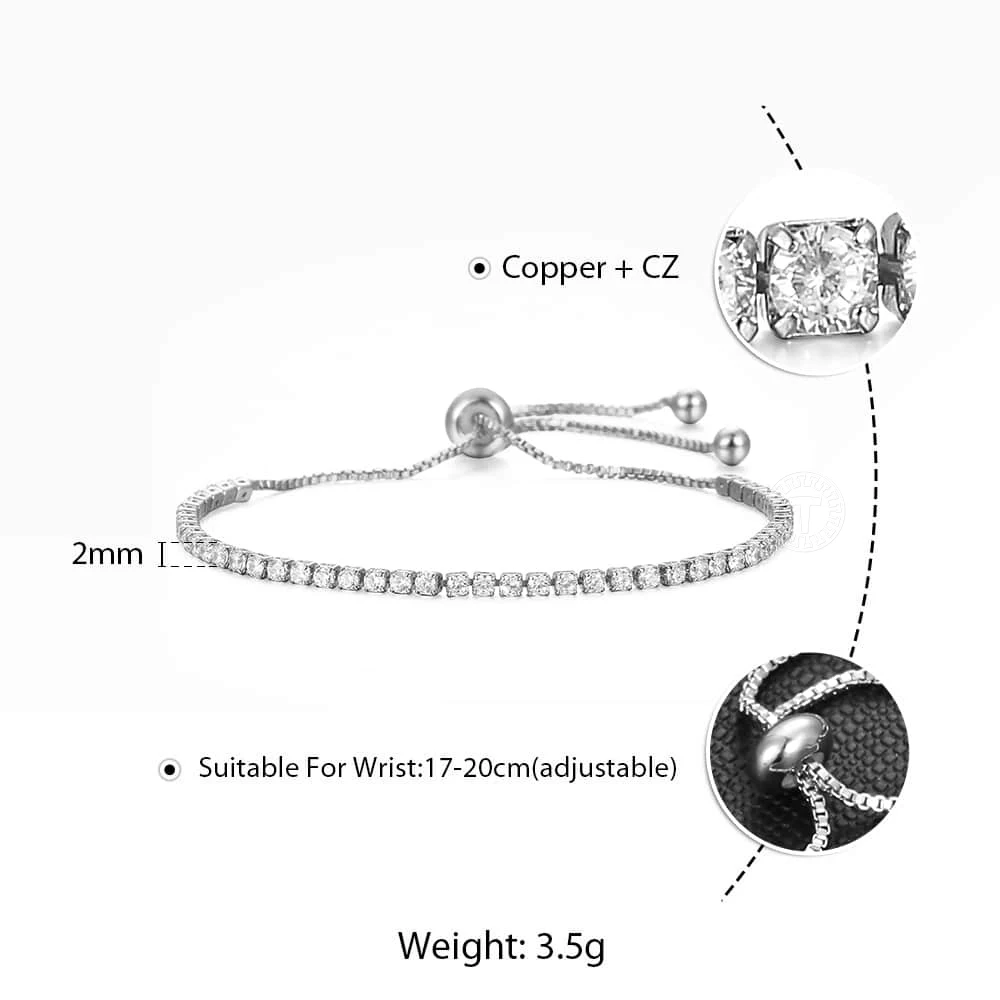 2mm 3mm Paved Crystal CZ Tennis Bracelet Womens Girls Clear Round cut Rose Gold Adjustable Bangle Fashion Wedding Jewelry GBM106