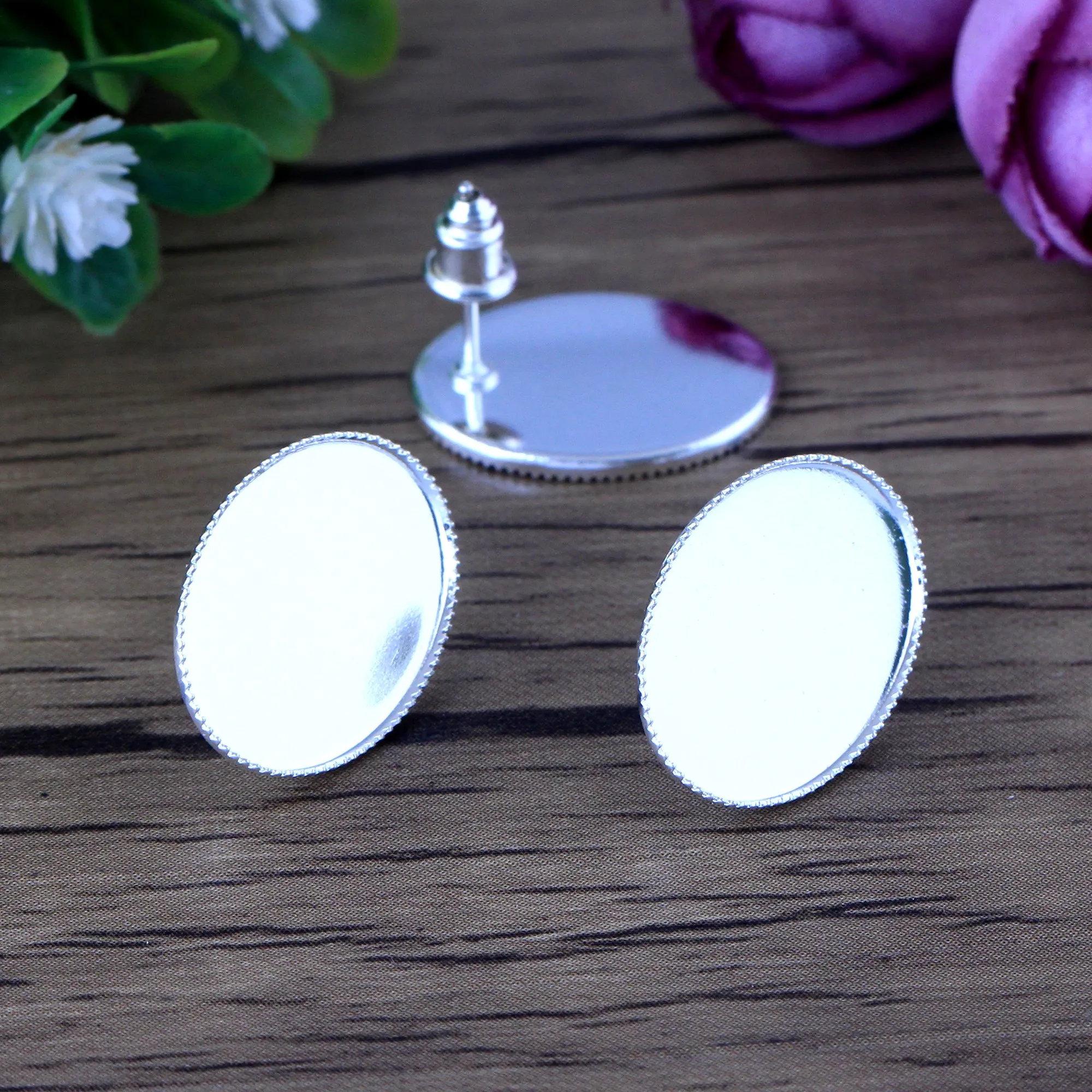 15pcs 13X18mm Silver Plated Earring Base Studs Copper Oval Ear Cameo