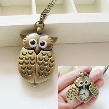 

Bronze Night Owl Necklace Pendant Pocket Quartz Watch 2 Chain Stlyes for Men Women Gift