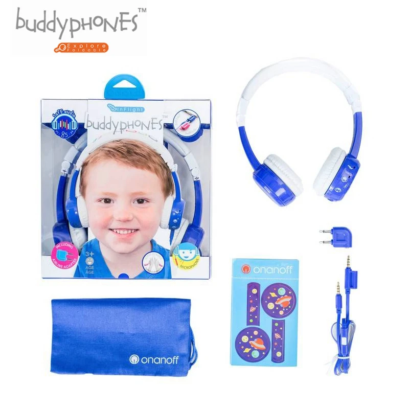 ONANOFF Kids Volume Limited Headphones BuddyPhones InFlight Professional Children Over Ear Headsets Health Listening Earphones
