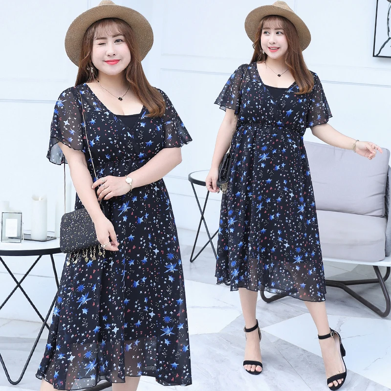 

Korean Style Sweet Chiffon A-Line Short Flare Sleeve V-Neck Print Plus Size XL-4XL Women Dresses 2019 Summer New Hot Selling