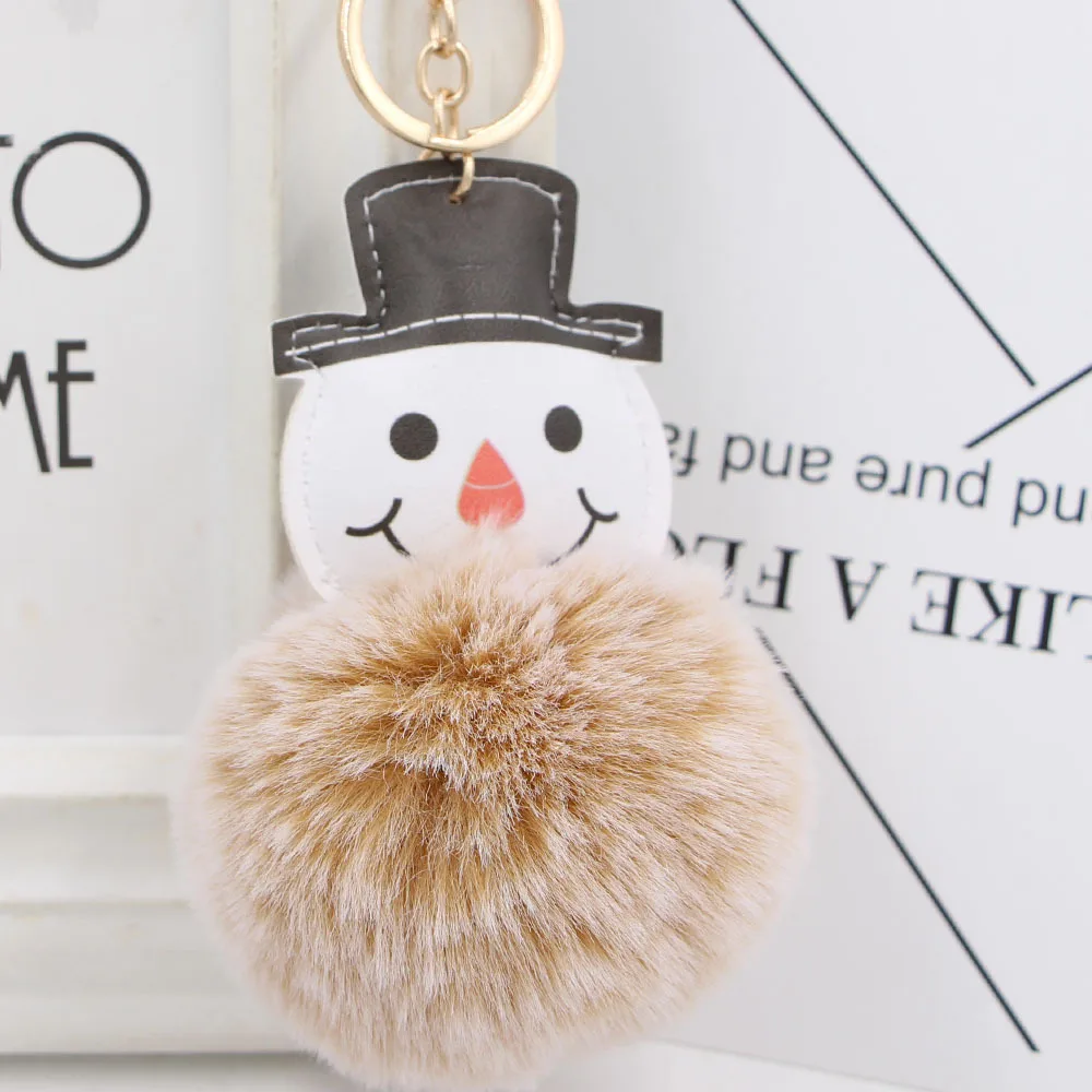 

Christmas snowman keychain Faux rabbit Pom Pom Key Chain Women Trinket Car Key Ring Keychain Jewelry Gift fluffy keychain on bag