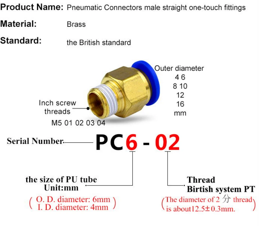 1 шт. пневматические фитинги PC 4 6 8 10 12 мм с наружной резьбой-M5 M6 1/8 1/4 3/8 1/2 01 к трубке с прямым соединением