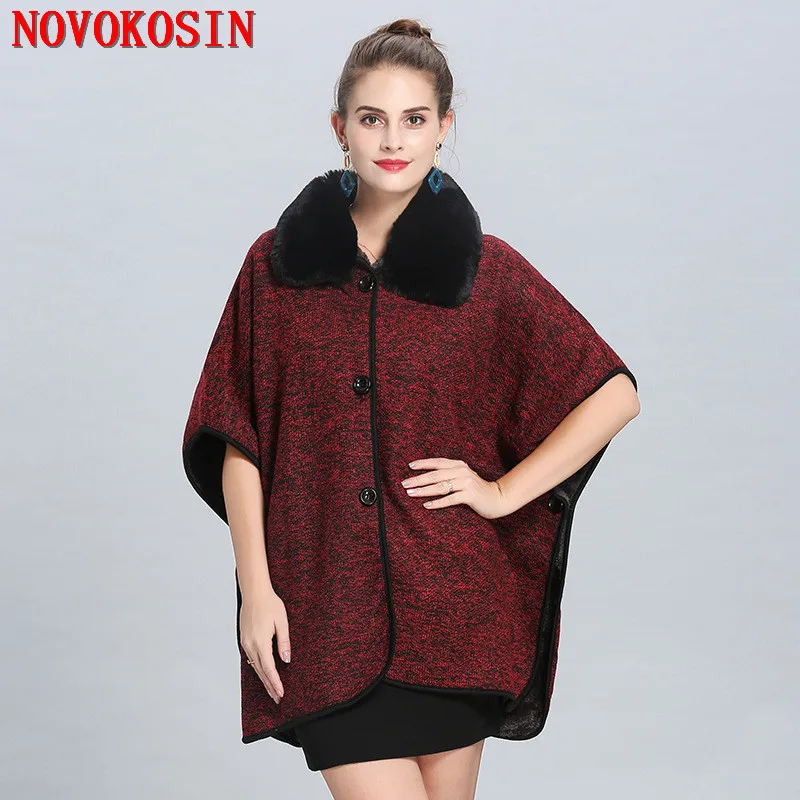 

2018 High Quality Winter Warm Fake Fur Neck Long Knitted Loose Poncho Cape Autumn Women Thick Cardigan Velvet Lining Coat