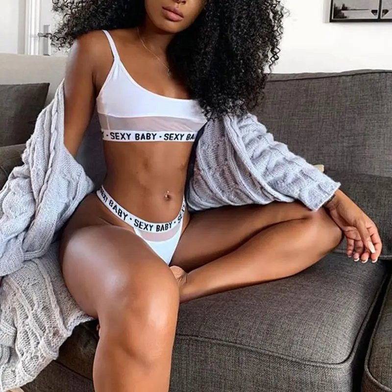 Women Sexy Sheer Mesh Patchwork Underwear Lingerie Set Letters Print Solid Color Bralette Low Rise High Cut Thong Sport