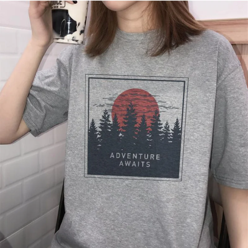 

Adventure Awaits Grey/White Women T-Shirt Soft Polyester Summer Forest Girl Tee Shirt Femme Camiseta Mujer Tops MVC-91