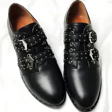Женские черные кожаные туфли с пряжками в британском ретро-стиле; женские кожаные туфли с металлической пряжкой на ремешке; настоящая фотография; изготовление на заказ; большие размеры