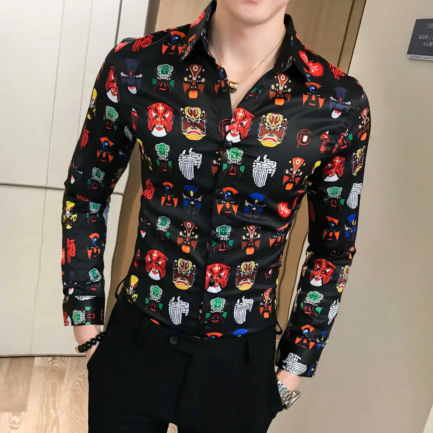 Осень-зима Корейская мужская одежда рубашка с принтом длинным рукавом Camisa Masculina