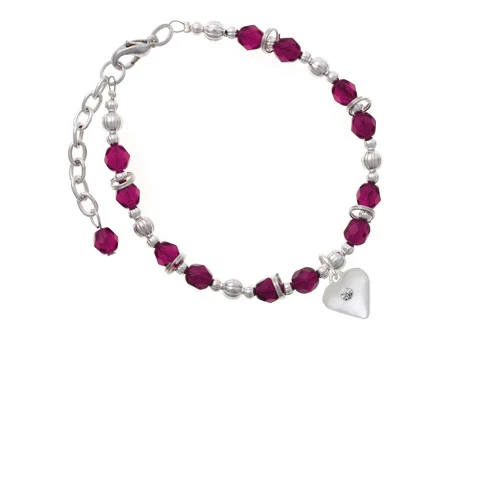 Silvertone Large April - Clear Crystal Heart Magenta Beaded Bracelet