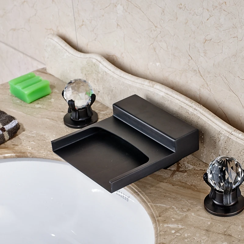 

Oil Rubbed Bronze Waterfall Spout Bathroom Basin Faucet Crystal Handle Mixer Tap