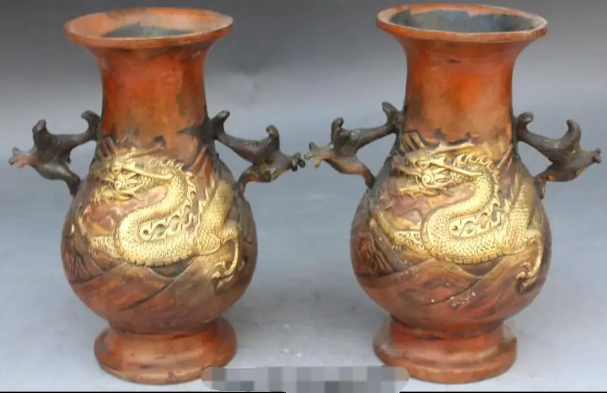 

S0881 8" Marked Chinese Fengshui Bronze Gilt Dragon Bottle Flower Vase Pot Pair Statue