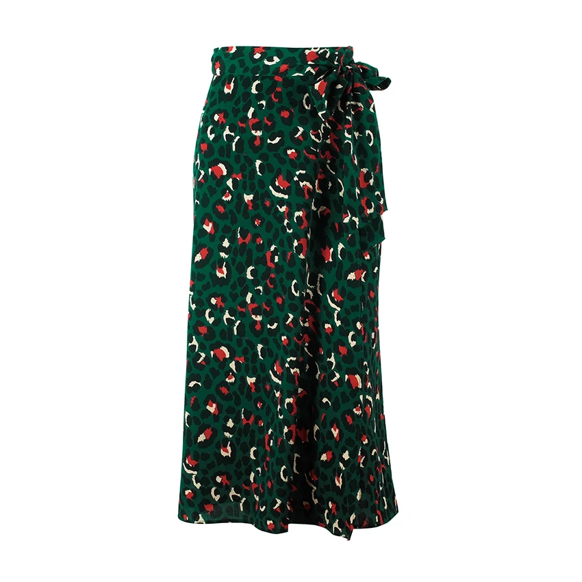 

Vintage Leopard Print Long Skirts Women High Waist Midi Skirt Bow Tie 2019 Summer Sexy Split Wrap Skirt Ladies Green Beach New