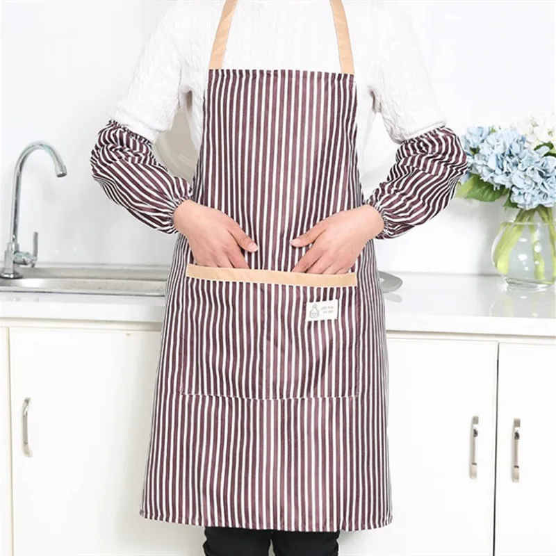 1Cooking Apron Ladies Men's Cooking Summer Home Cleaning Sleeves Apron Polyester Waterproof Oil Restaurant Cafe Apron - Color: Coffee color