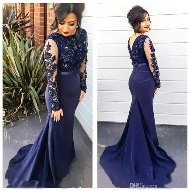 

Sexy Long Sleeves Navy Blue Lace Mermaid Evening Dress 2017 vestido de festa appliques Beading Prom dresses evening party gown