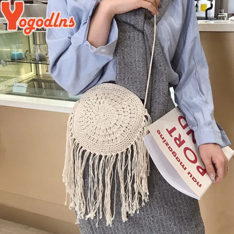 Yogodlns Fashion Round Hand-woven Woman Shoulder Bag Summer Travel Shopping Straw Beach Bags Tassels Female Small Messenger Bag