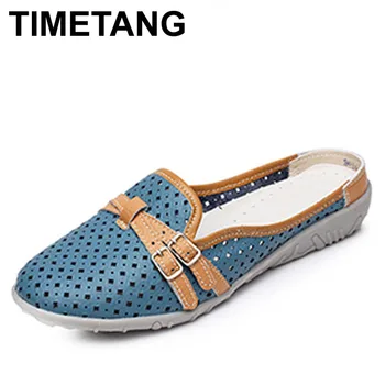 

TIMETANG Genuine Leather Flats Women Slingbacks Slippers Shoes Summer Casual Wide Round Toe Loafers Women Moccasins sandals
