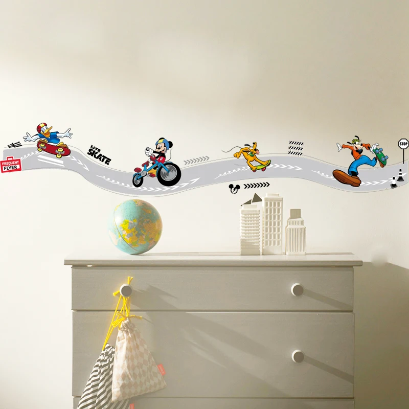 Disney Mickey Mouse Play Skateboard Funny Skiting Line Wall Stickers For Home Kitchen Kid Room Decor PVC Mural Wall Art Decals