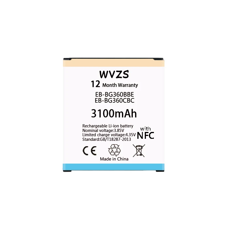 

wvzs 3100mAh EB-BG360BBE EB-BG360CBE EB-BG360CBC For Samsung Galaxy Core Prime G360 G361 G360V G3608 G360H J2 J200 J2(2017) NFC