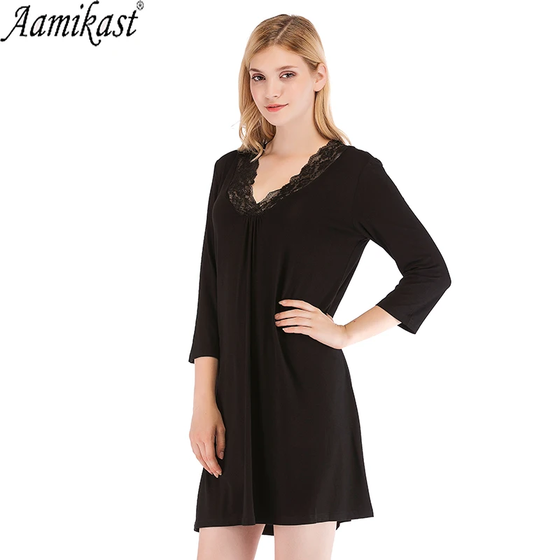 

Aamikast Women Sexy Sleep Chemise O-Neck Lace-trimmed Neckline Nightwear Front Bow Decor Ruffle Hem Sleepwear Plus Size